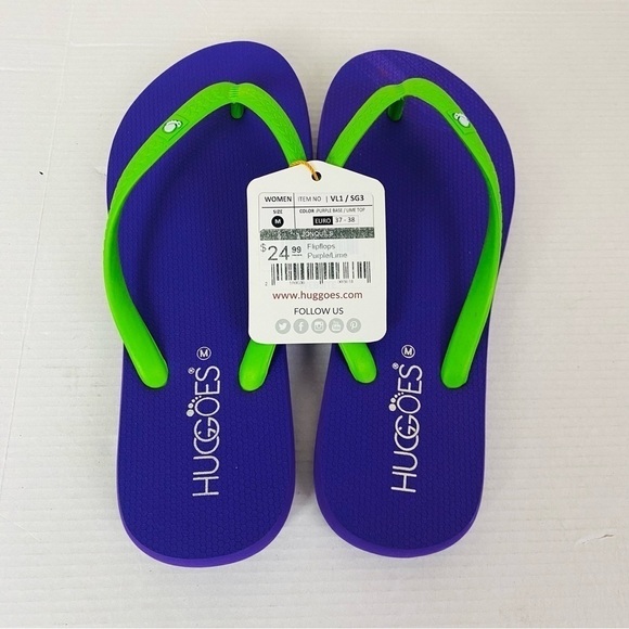 Huggoes Natural Rubber Summer Flip Flops Purple/Lime Size M - Picture 1 of 6
